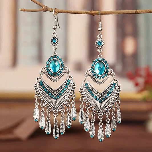 Vintage Silver & Aqua Blue Crystal Drop Earrings-Lydieannejewelry