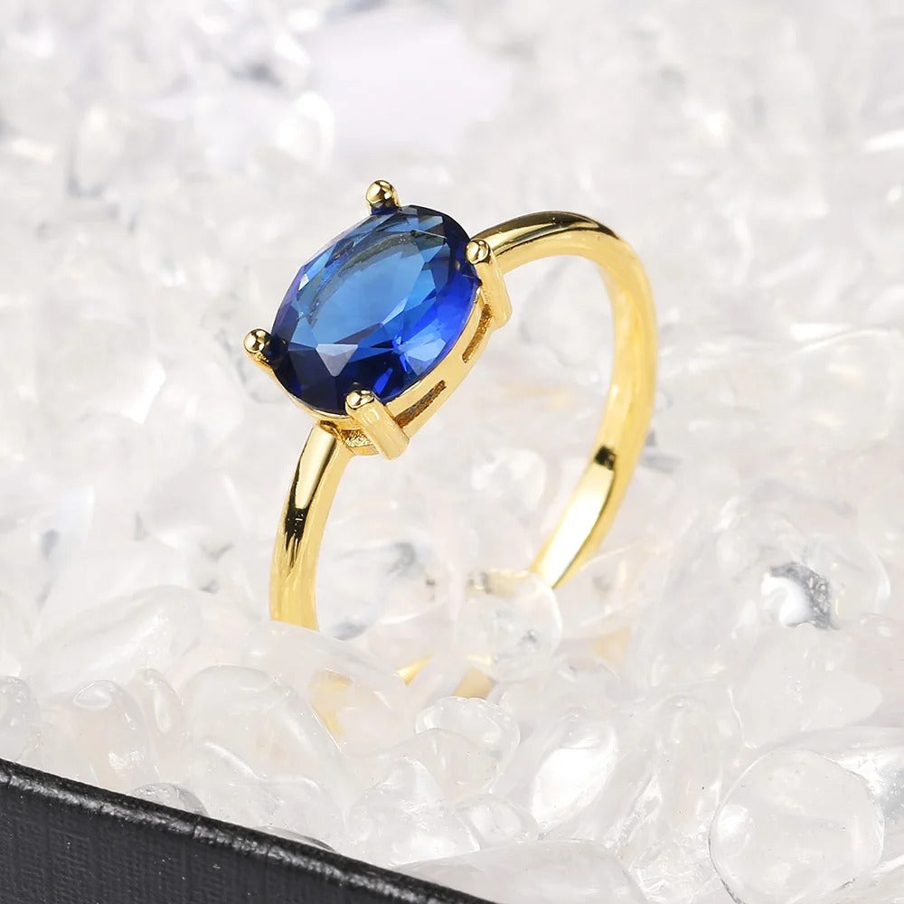 Vintage Gold Oval Blue Gemstone & Sleek Ring-Lydieannejewelry