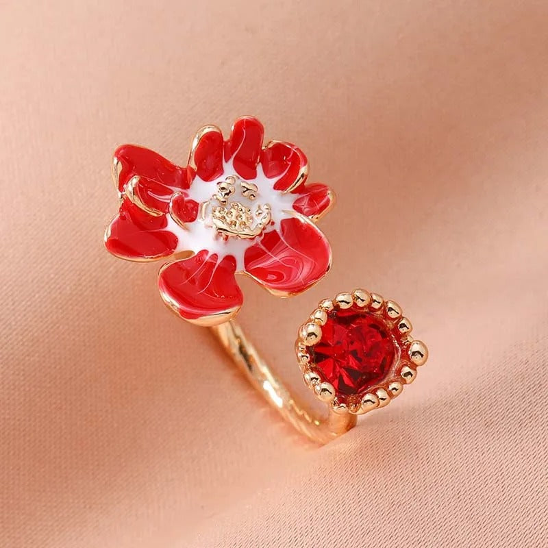 Vintage Red Flower & Radiant Red Gemstone Open Ring-Lydieannejewelry