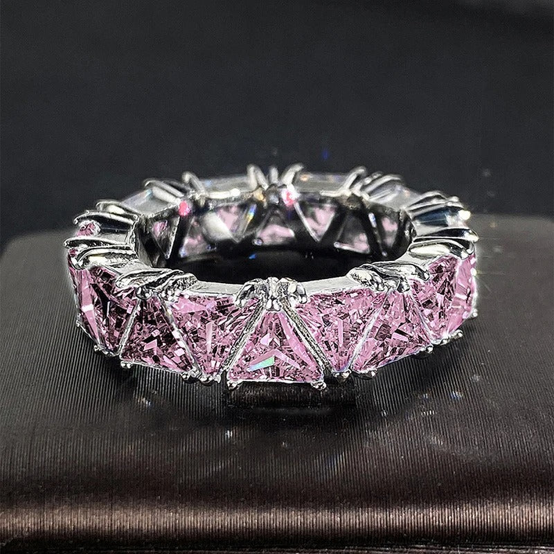 Vintage Silver & Sparkling Pink Triangular Band Ring-Lydieannejewelry