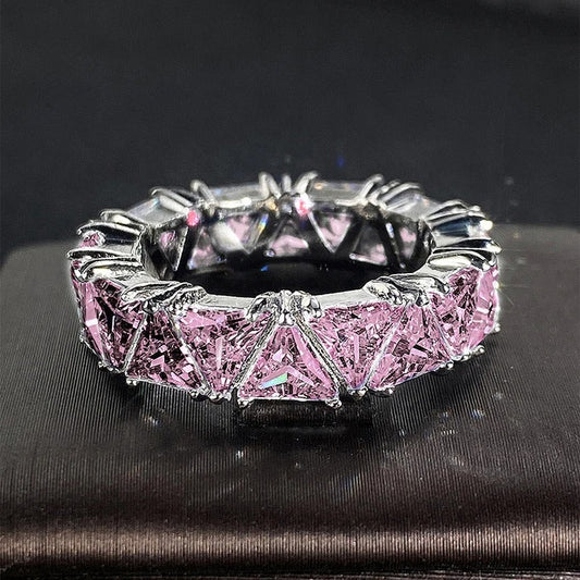 Vintage Silver & Sparkling Pink Triangular Band Ring-Lydieannejewelry