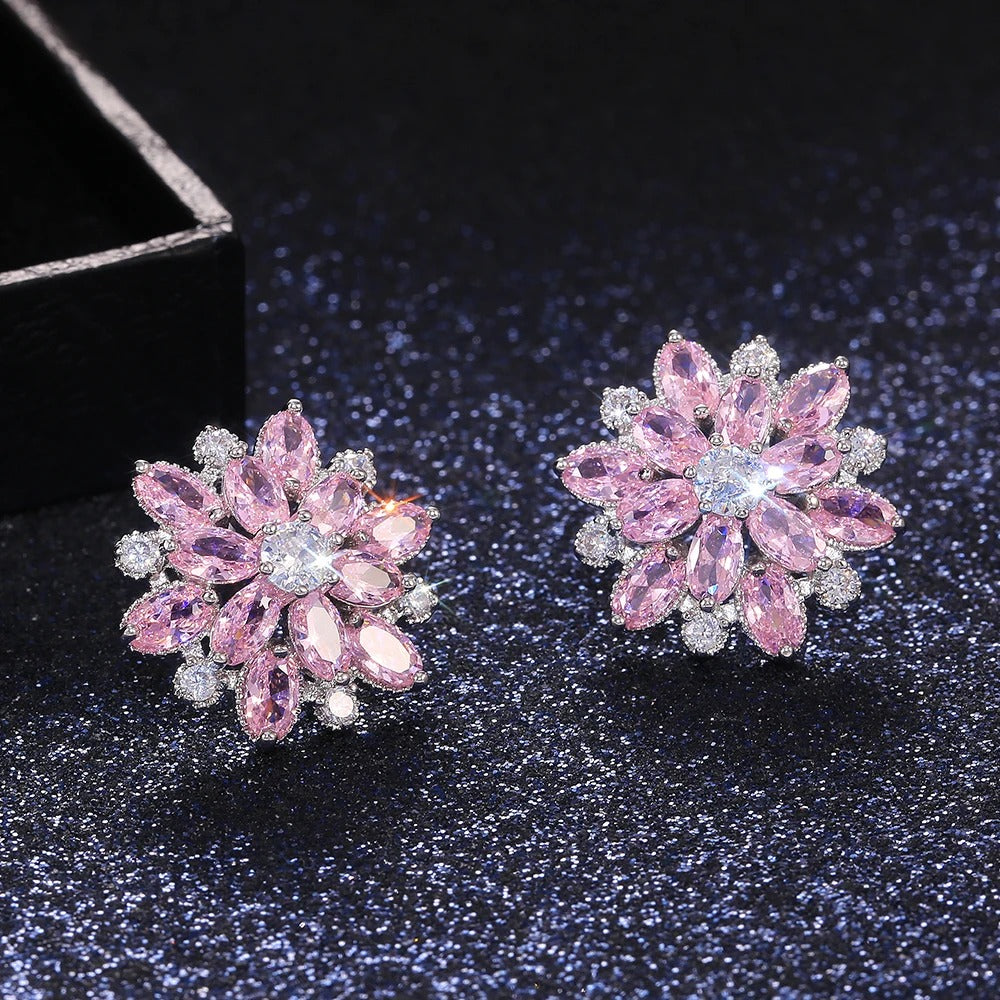 Flower Shape Pink & White Crystal Earrings-Lydieannejewelry