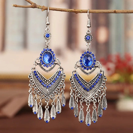 Vintage Silver & Blue Crystal Tassel Earrings-Lydieannejewelry