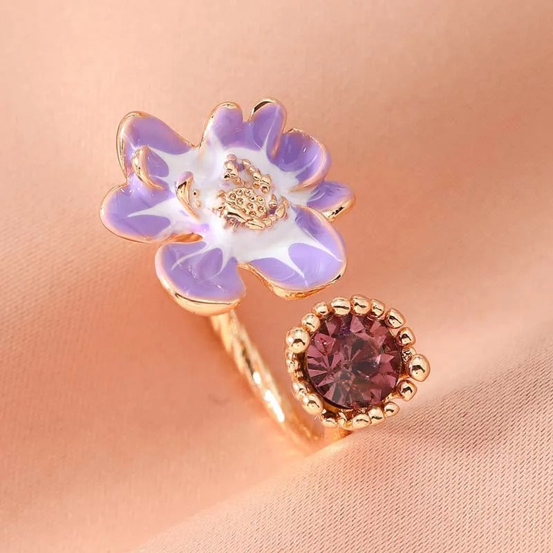Vintage Purple Flower & Lavender Gemstone Open Ring-Lydieannejewelry