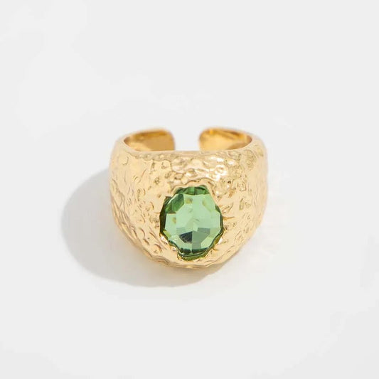 Gold Green Gemstone Textured Adjustable Ring-Lydieannejewelry