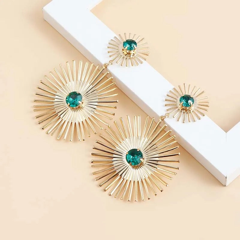 Gold Sunburst Turquoise Long Spikes Earrings-Lydieannejewelry