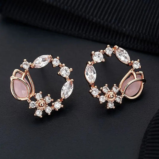 Rose Gold Crystal Flower Earrings-Lydieannejewelry
