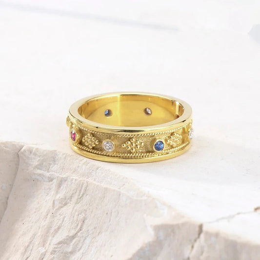 Vintage Gold Colorful Stone Band Ring-Lydieannejewelry