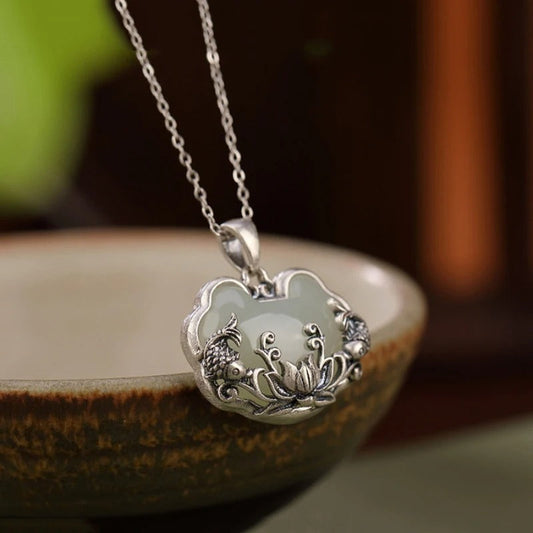 Vintage Silver Fish-Shaped Lotus Flower Necklace-Lydieannejewelry