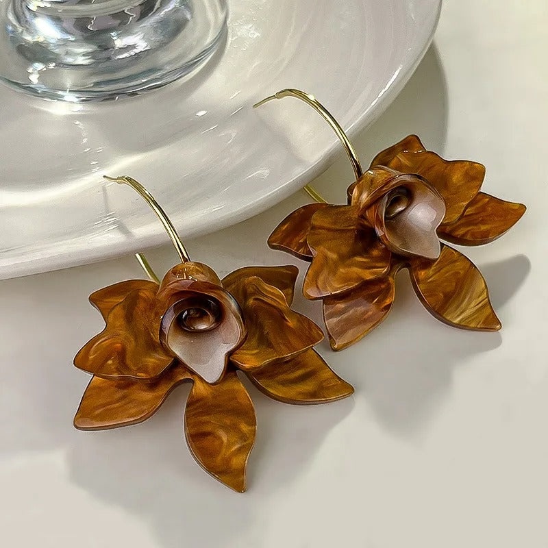 Gold Flower Brown Petals Hoop Earrings-Lydieannejewelry