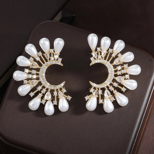 Gold Vintage Pearl Teardrop Moon Earrings-Lydieannejewelry