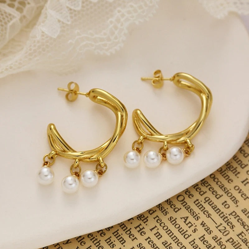 Gold White Pearl Charm Hoop Earrings-Lydieannejewelry