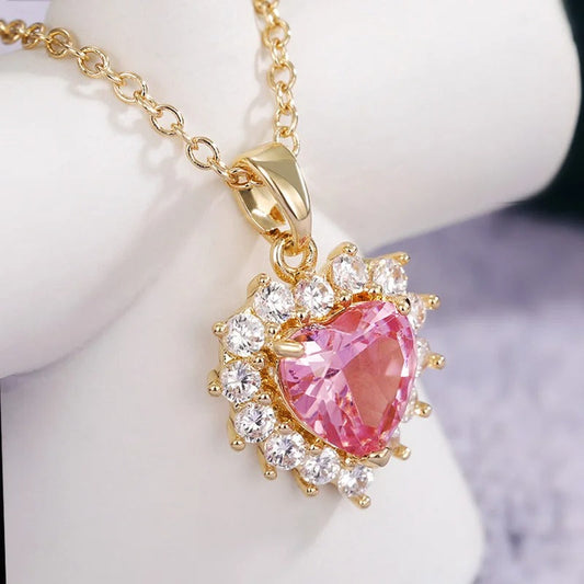 Vintage Gold Pink Heart & Crystal Necklace-Lydieannejewelry