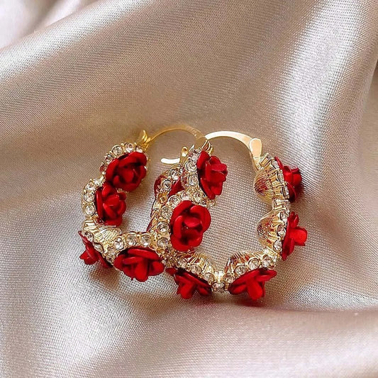 Gold Rose Crystal Hoop Earrings-Lydieannejewelry