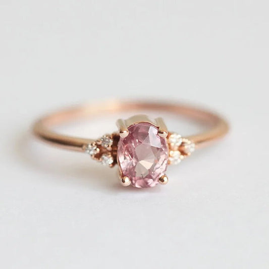 Vintage Pink Oval Stone Rose Gold Ring-Lydieannejewelry