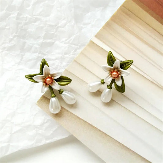 White Flower Pearl Drop Earrings-Lydieannejewelry
