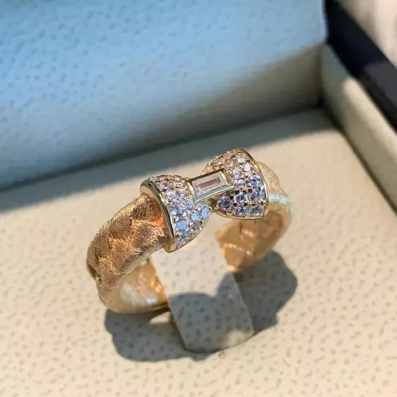 Retro Gold & Crystal Baguette Bow Adjustable Ring-Lydieannejewelry