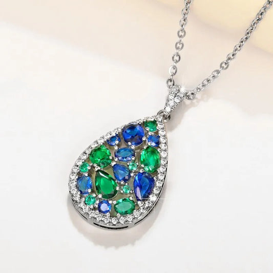 Silver Green & Blue Gemstone Necklace-Lydieannejewelry