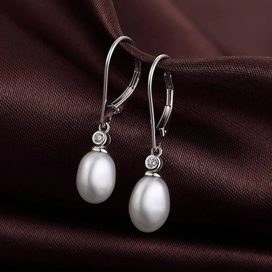 Oval Pearl Dangle Silver Earrings-Lydieannejewelry