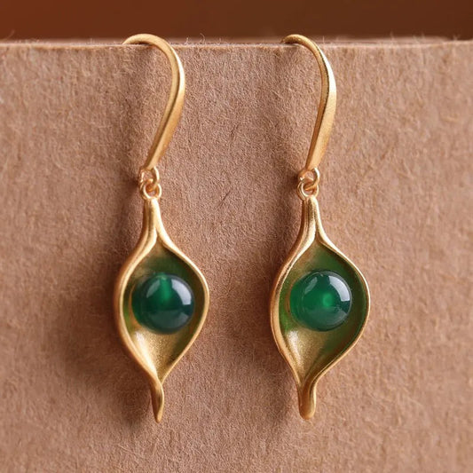 Classic Gold Oval Green Gemstone Leaf Dangle Earrings-Lydieannejewelry