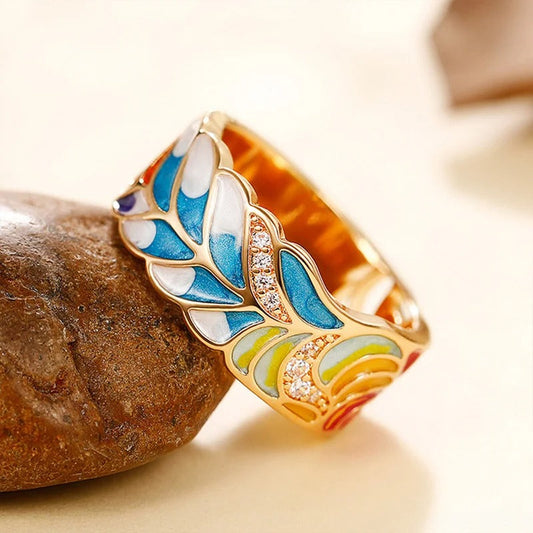 Vintage Gold Colorful Enamel Leaf Ring-Lydieannejewelry