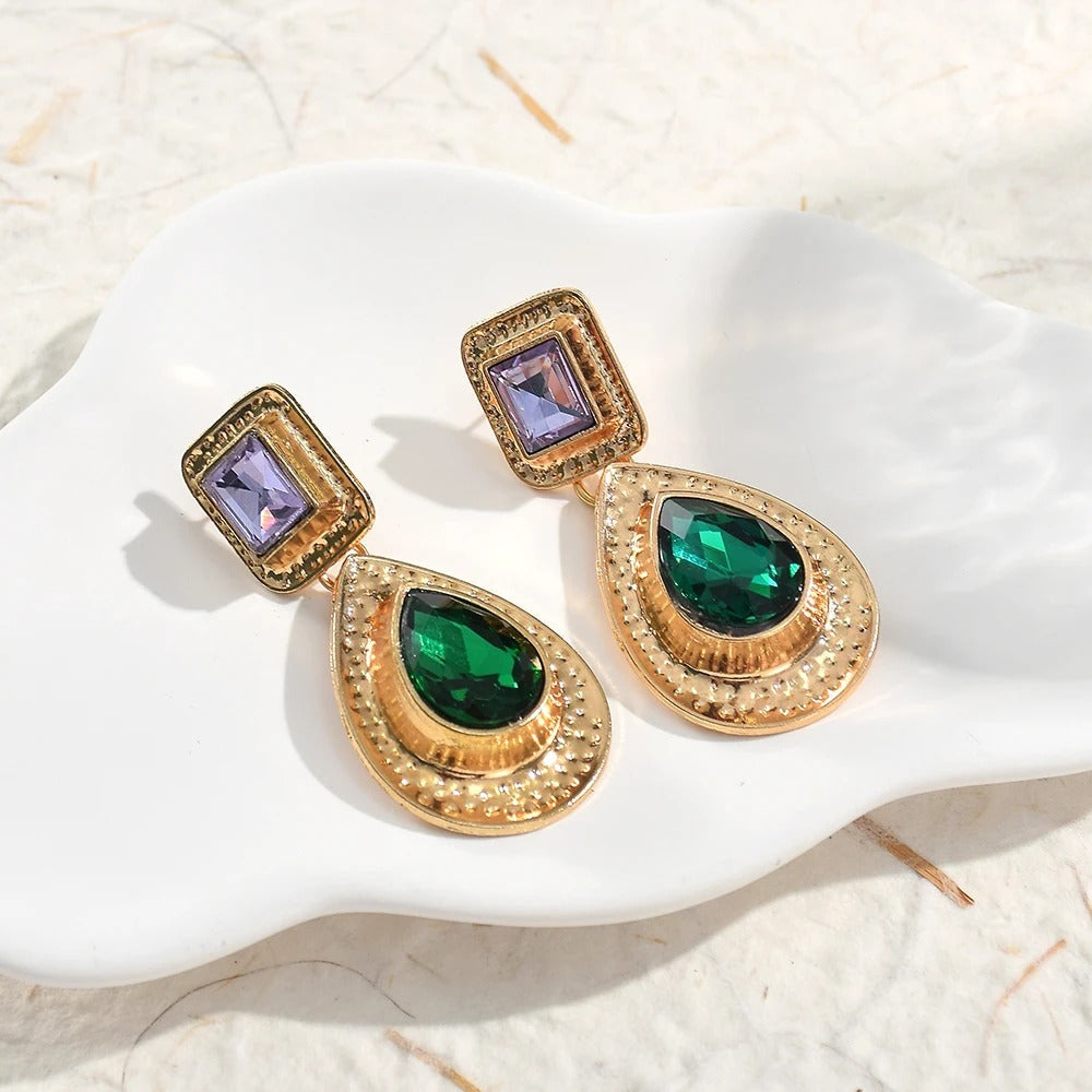 Vintage Gold Green Teardrop Stone Earrings-Lydieannejewelry