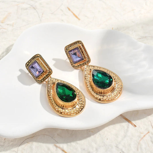 Vintage Gold Green Teardrop Stone Earrings-Lydieannejewelry