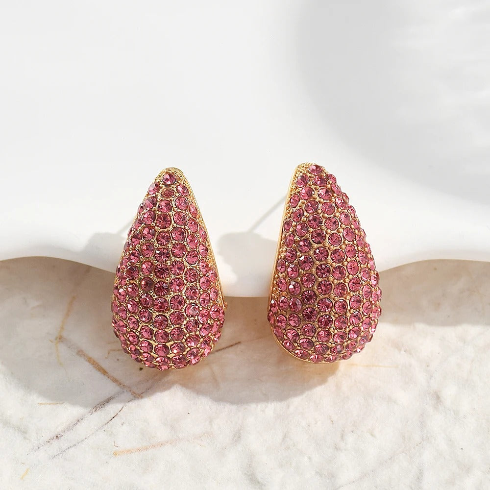 Vintage Pink Crystal Gold Teardrop Earrings-Lydieannejewelry