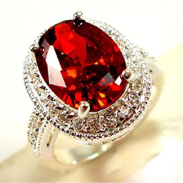 Silver Red Oval Gemstone Halo Ring-Lydieannejewelry