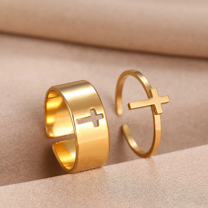 Matching Cross Gold Adjustable Ring Set-Lydieannejewelry