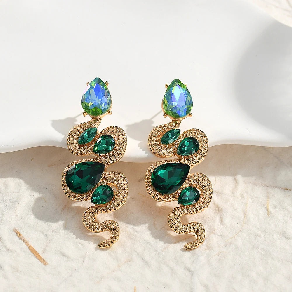 Gold Vintage Serpent Green Crystal Earrings-Lydieannejewelry