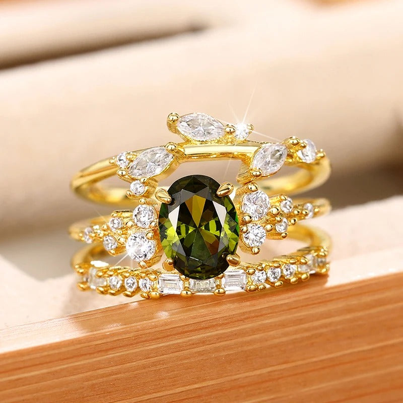 Gold Three-Band Green Stone Ring-Lydieannejewelry