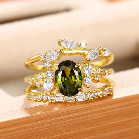 Gold Three-Band Green Stone Ring-Lydieannejewelry