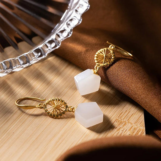 Vintage Gold Geometric White Bead & Sunburst Design Earrings-Lydieannejewelry