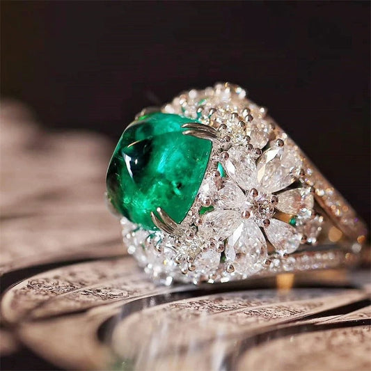 Vintage Green Stone & Diamond Floral Ring-Lydieannejewelry