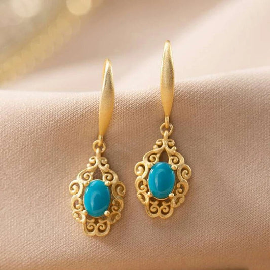Classic Cut-Out Pattern Exquisite Oval Turquoise Earrings-Lydieannejewelry