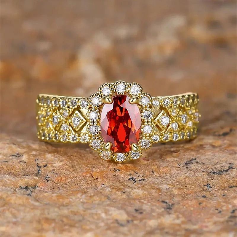 Vintage Gold Oval Red Gemstone Halo Ring-Lydieannejewelry