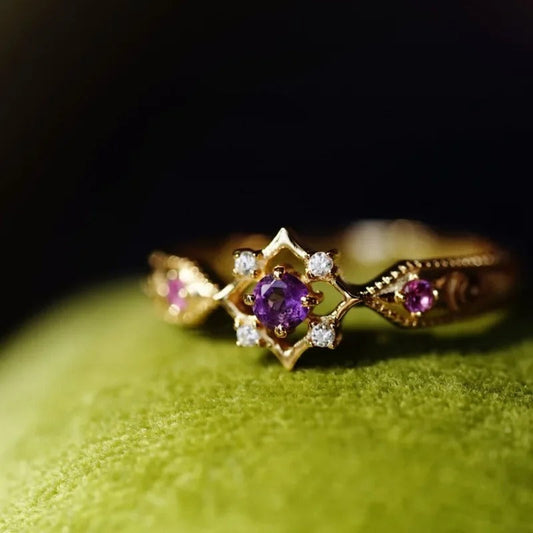 Vintage Gold & Amethyst Purple Crystal Geometric Adjustable Ring-Lydieannejewelry