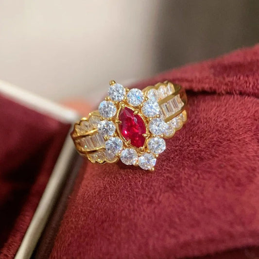 Classic Gorgeous Red & Diamond Gold Adjustable Ring-Lydieannejewelry