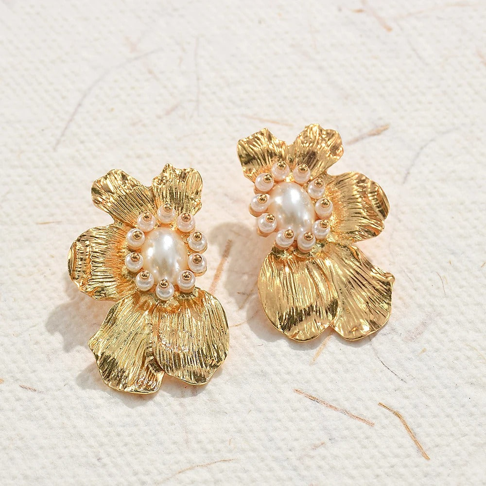 Gold Vintage Pearl Flower Stud Earrings-Lydieannejewelry