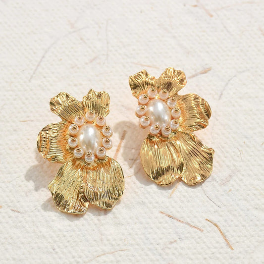 Gold Vintage Pearl Flower Stud Earrings-Lydieannejewelry