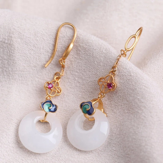 Vintage Gold White Jade Round Tassel Earrings-Lydieannejewelry