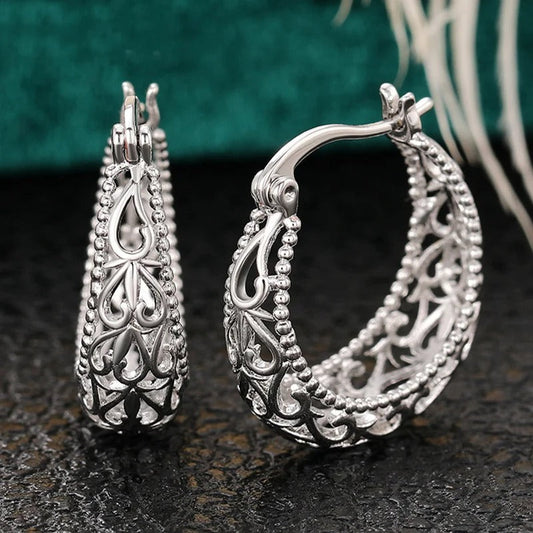 Vintage Silver Filigree Hoop Earrings-Lydieannejewelry