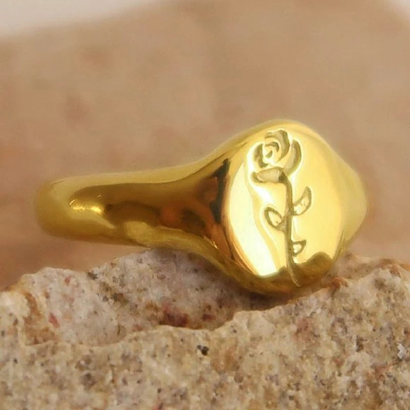 Gold Rose Engraved Ring-Lydieannejewelry