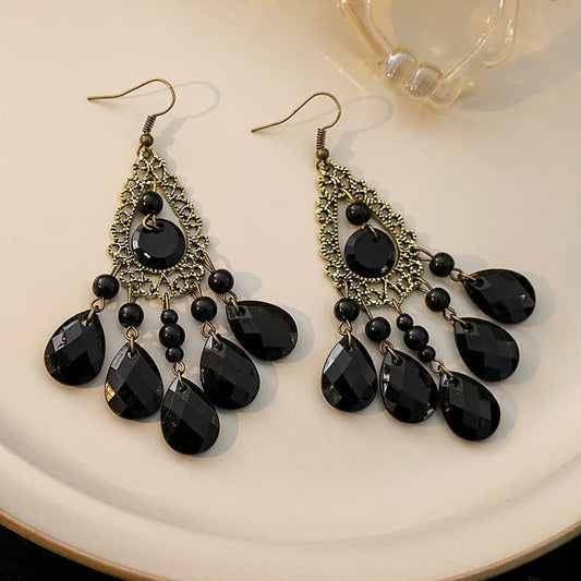 Peacock Feather Shape Black Tassel Dangle Earrings-Lydieannejewelry