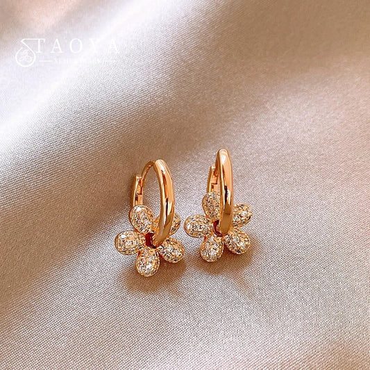 Vintage Gold & Crystal Flower Hoop Earrings-Lydieannejewelry