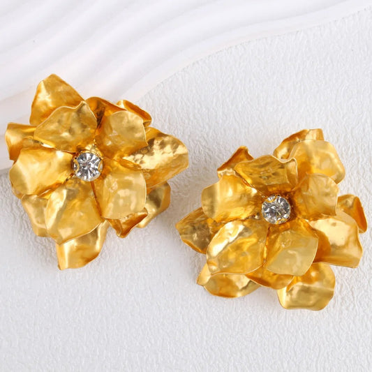 Gold Big Artistic Floral Crystal Earrings-Lydieannejewelry