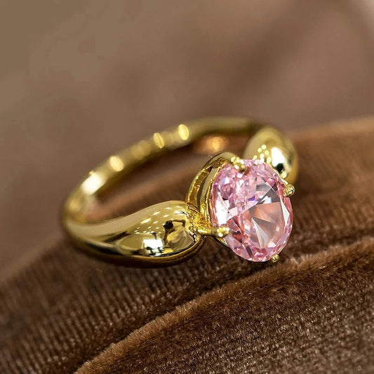 Pink Oval Gemstone & Gold Band Ring-Lydieannejewelry