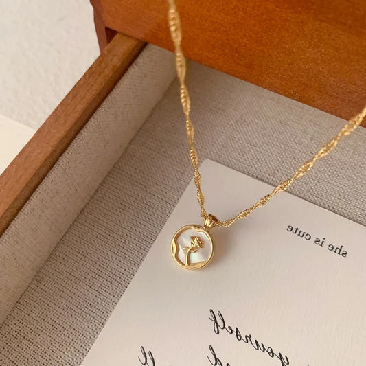 Vintage Gold Round Frame Rose Pendant Necklace-Lydieannejewelry
