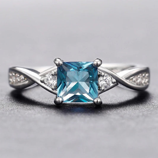 Vintage Blue Princess Cut Silver Ring-Lydieannejewelry